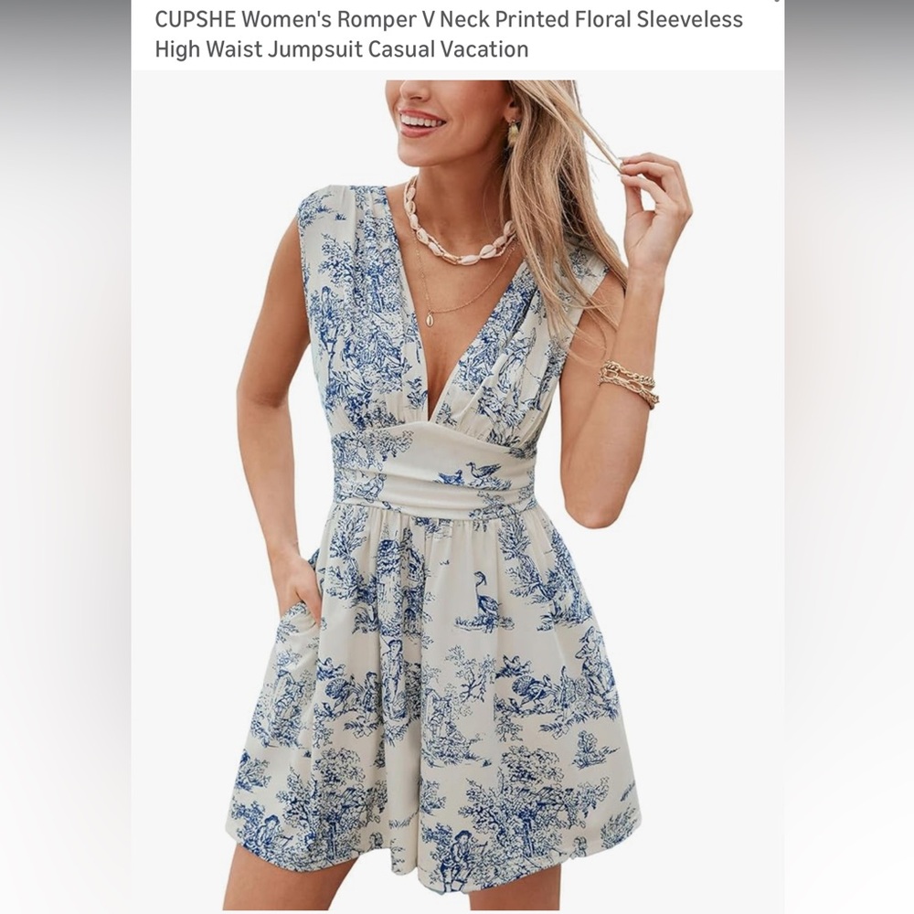 Cupshe Blue and Cream Printed Midi Romper